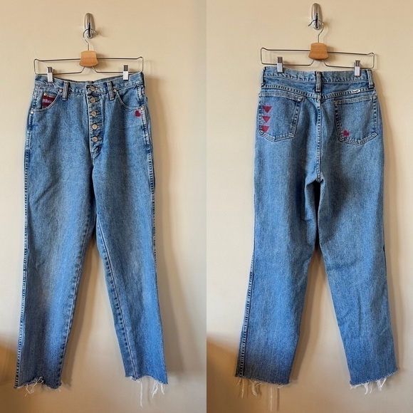 VINTAGE-WRANGLER Hand Painted Heart & Arrow Design High Rise Raw Hem Jean - Picture 1 of 13